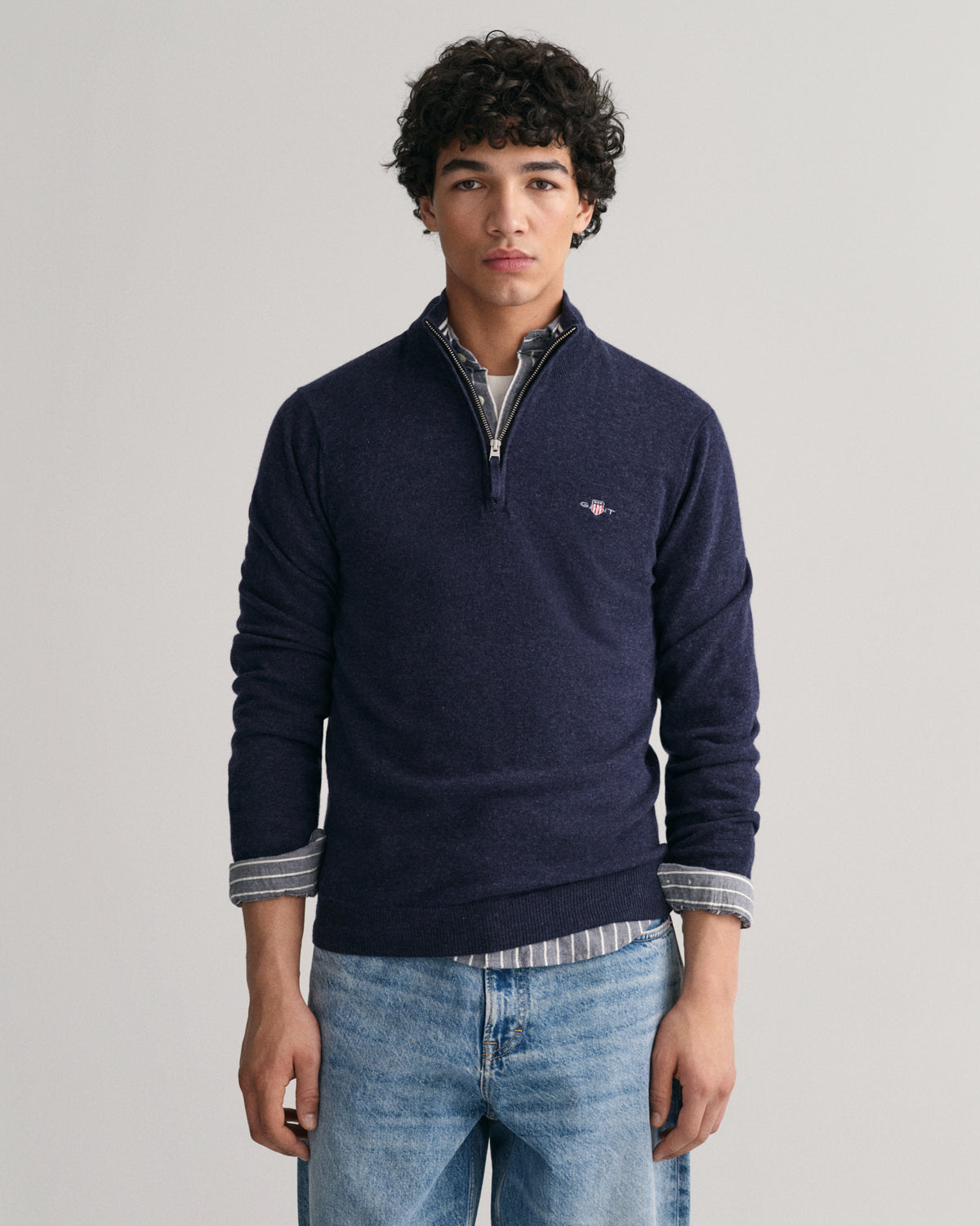 DARK NAVY MELANGE, SUPERFINE LAMBSWOOL HALF ZIP, FRONT-VIEW BY GANT AU.