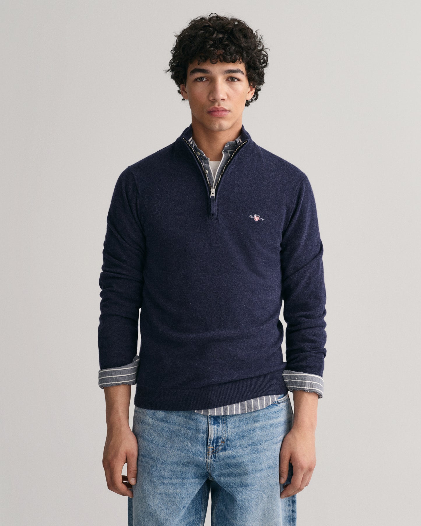 DARK NAVY MELANGE, SUPERFINE LAMBSWOOL HALF ZIP, FRONT-VIEW BY GANT AU.
