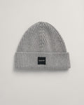 GREY MELANGE, UNISEX. COTTON RIB KNIT BEANIE, FRONT-VIEW BY GANT AU.
