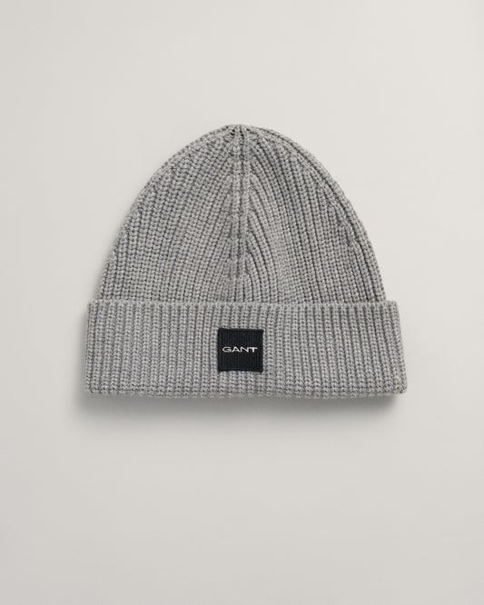 GREY MELANGE, UNISEX. COTTON RIB KNIT BEANIE, FRONT-VIEW BY GANT AU.