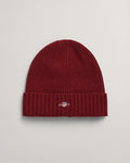 PLUMPED RED, UNISEX. SHIELD WOOL BEANIE, FRONT-VIEW BY GANT AU.