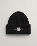 BLACK, ARCHIVE SHIELD COTTON BEANIE, FRONT-VIEW BY GANT AU.