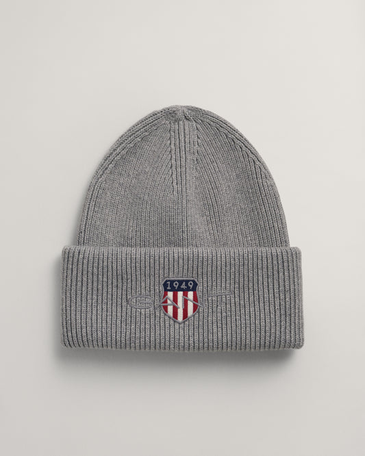 GREY MELANGE, ARCHIVE SHIELD COTTON BEANIE, FRONT-VIEW BY GANT AU.