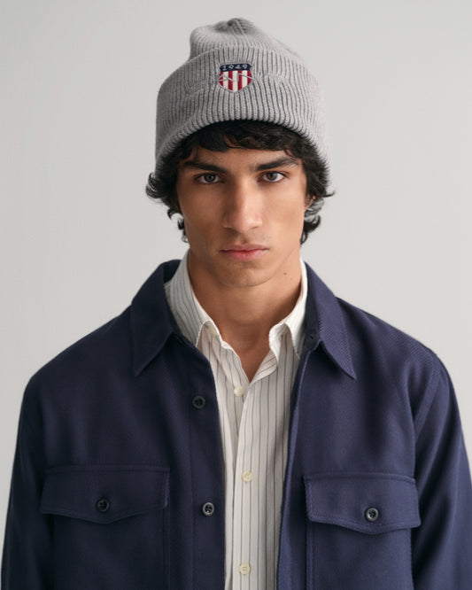 GREY MELANGE, ARCHIVE SHIELD COTTON BEANIE BY GANT AU.