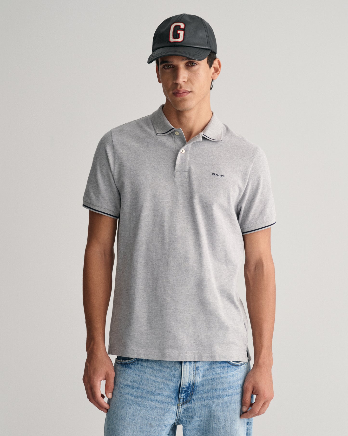 GREY MELANGE, TIPPING SS PIQUE POLO, FRONT-VIEW BY GANT AU.