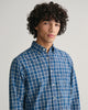 MODEL WEARING REG INDIGO MADRAS SHIRT