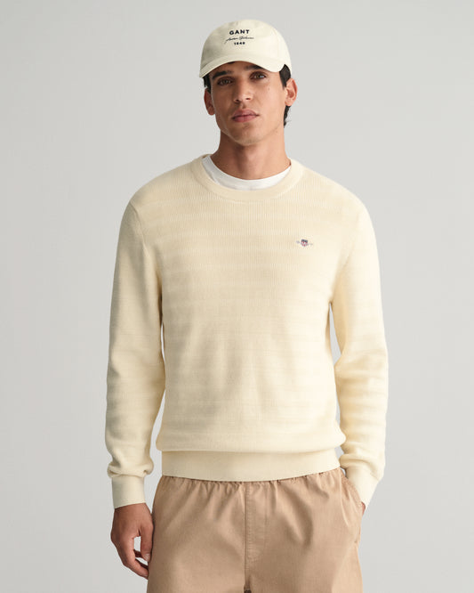 CREAM, STRIPE TEXTURED COTTON  C-NECK, FRONT-VIEW BY GANT AU.
