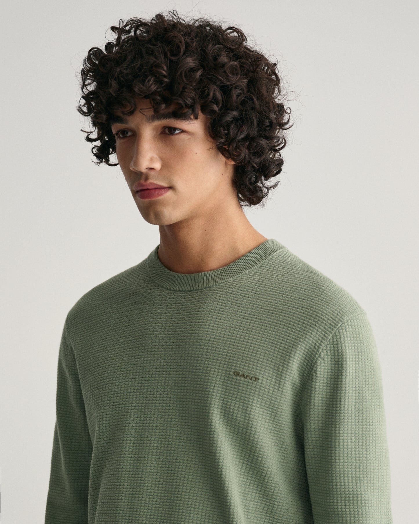 KALAMATA GREEN, TEXTURED COTTON C-NECK, CLOSE-UP BY GANT AU.