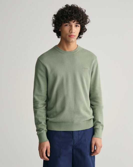 KALAMATA GREEN, TEXTURED COTTON C-NECK, FRONT-VIEW BY GANT AU.