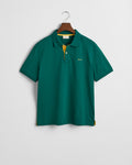 DEEP FOREST GREEN, REG CONTRAST PIQUE SS POLO, FLAT-LAY BY GANT AU.