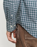 MODEL WEARING REG POPLIN SMALL CHECK SHIRT