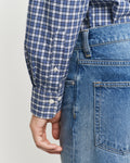 MODEL WEARING REG POPLIN SMALL CHECK SHIRT
