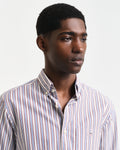 MODEL WEARING REG POPLIN STRIPE SHIRT
