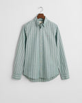 DEEP FOREST GREEN, SLIM OXFORD STRETCH STRIPE SHIRT, FLAT-LAY BY GANT AU.