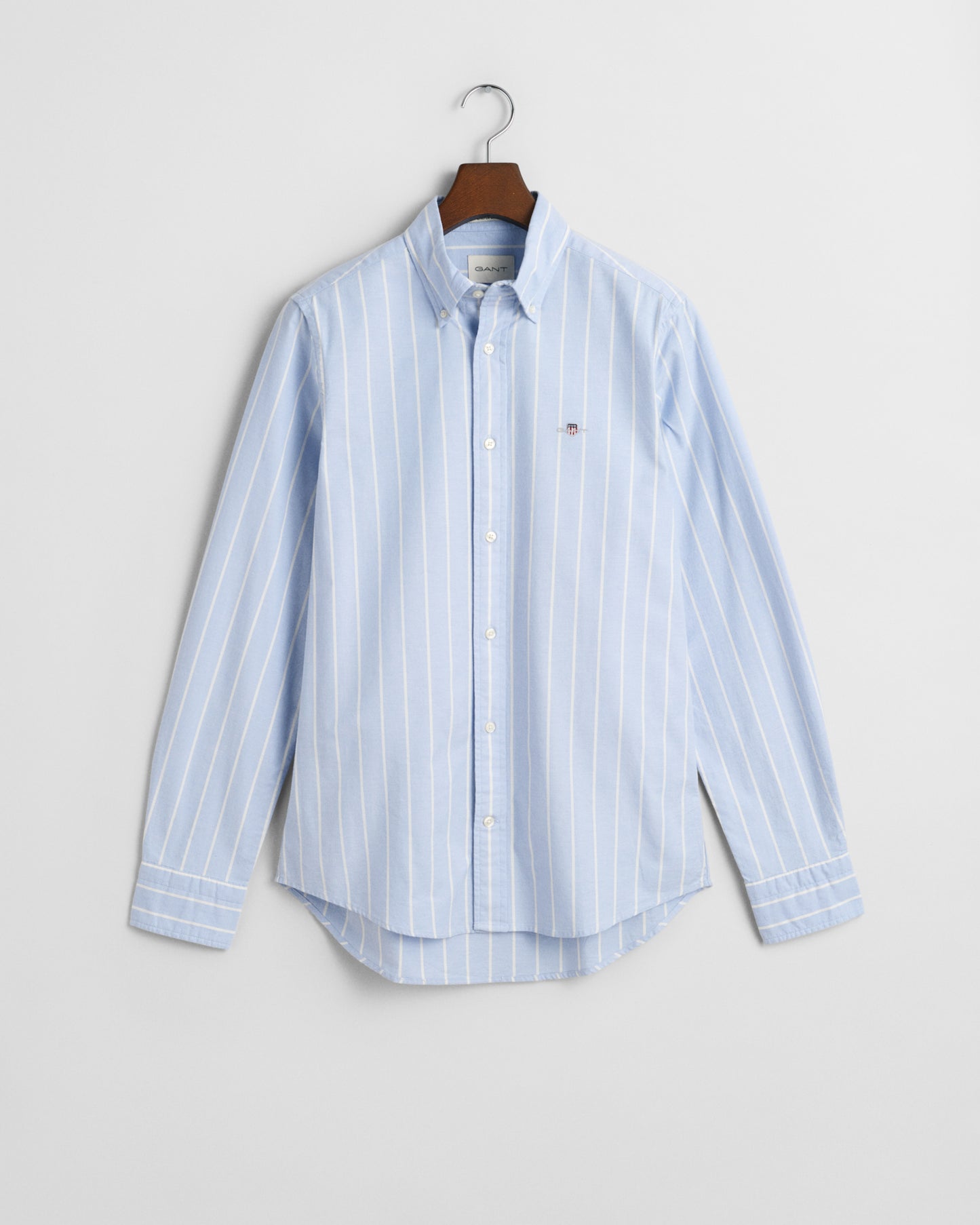 LIGHT BLUE, SLIM OXFORD STRETCH STRIPE SHIRT, FLAT-LAY BY GANT AU.
