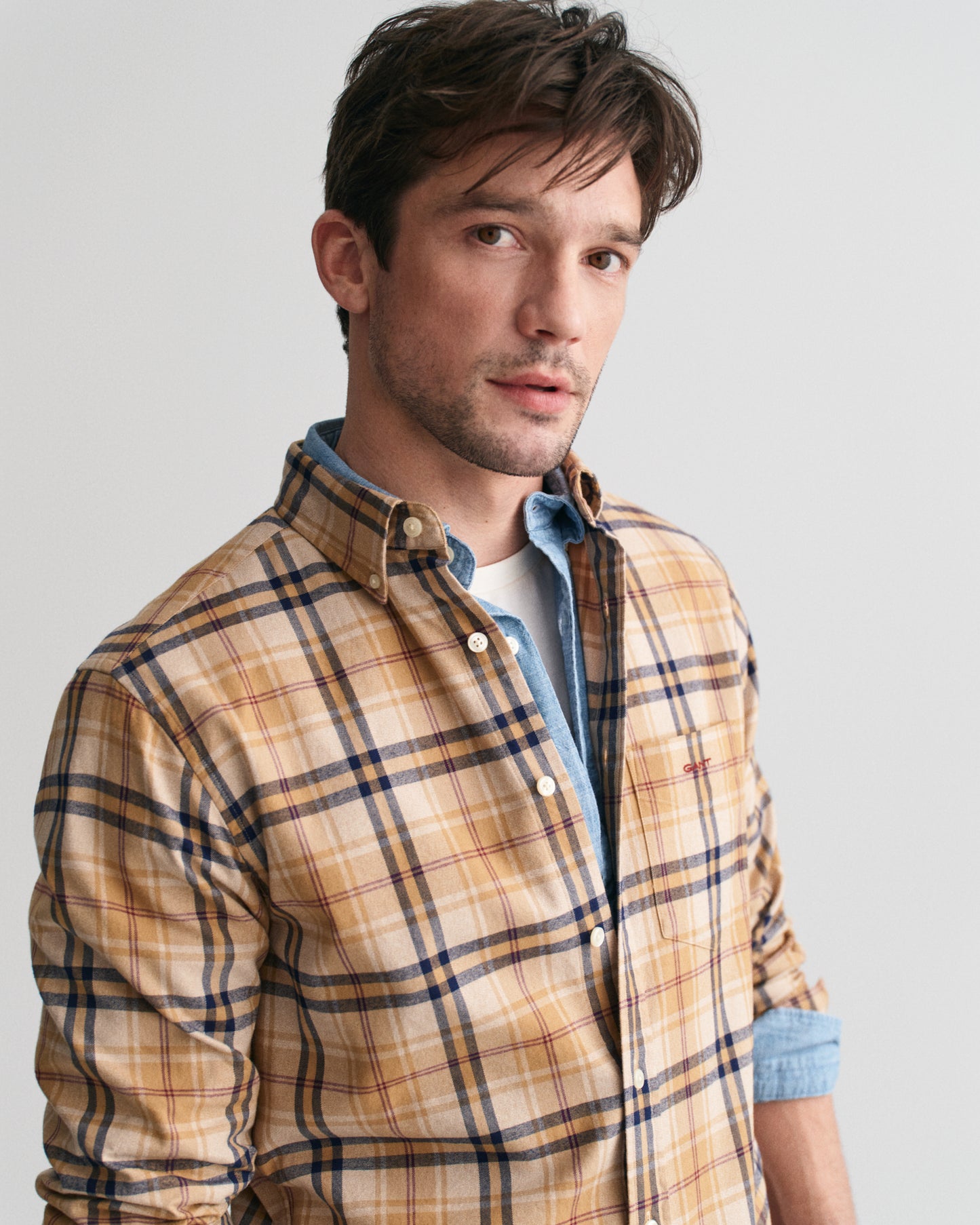 MODEL WEARING REG JASPE FLANNEL PLAID SHIRT