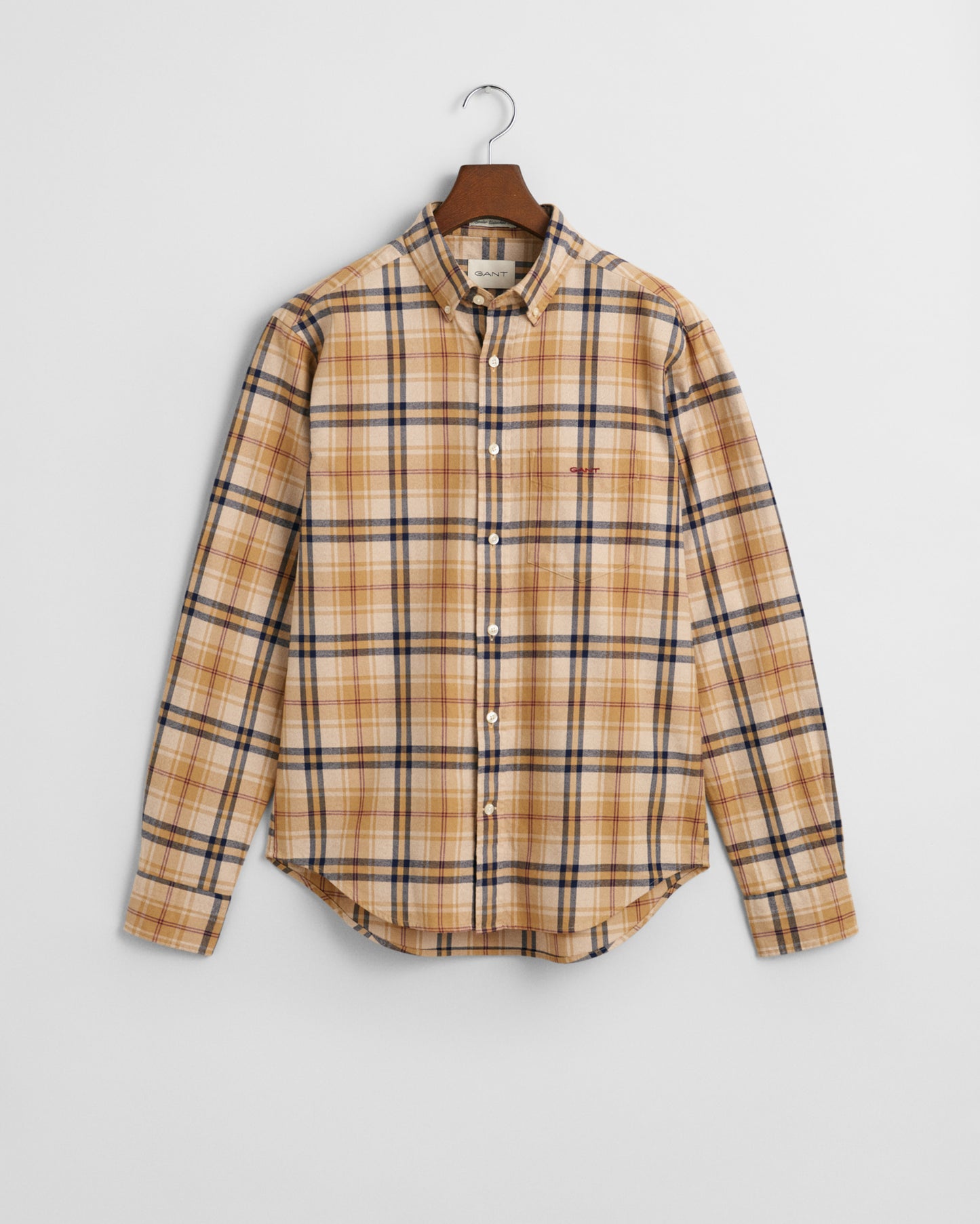 CARAMEL BEIGE, REG JASPE FLANNEL PLAID SHIRT, FLAT-LAY BY GANT AU.