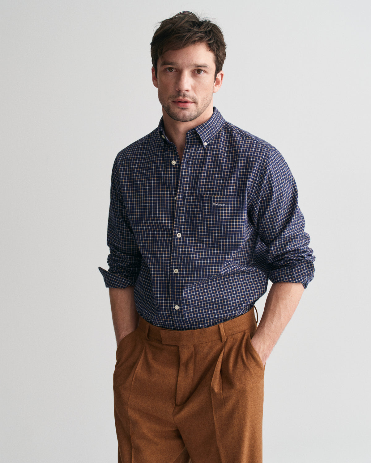 PERSIAN BLUE, REG JASPE TATTERSALL SHIRT, FRONT-VIEW BY GANT AU.