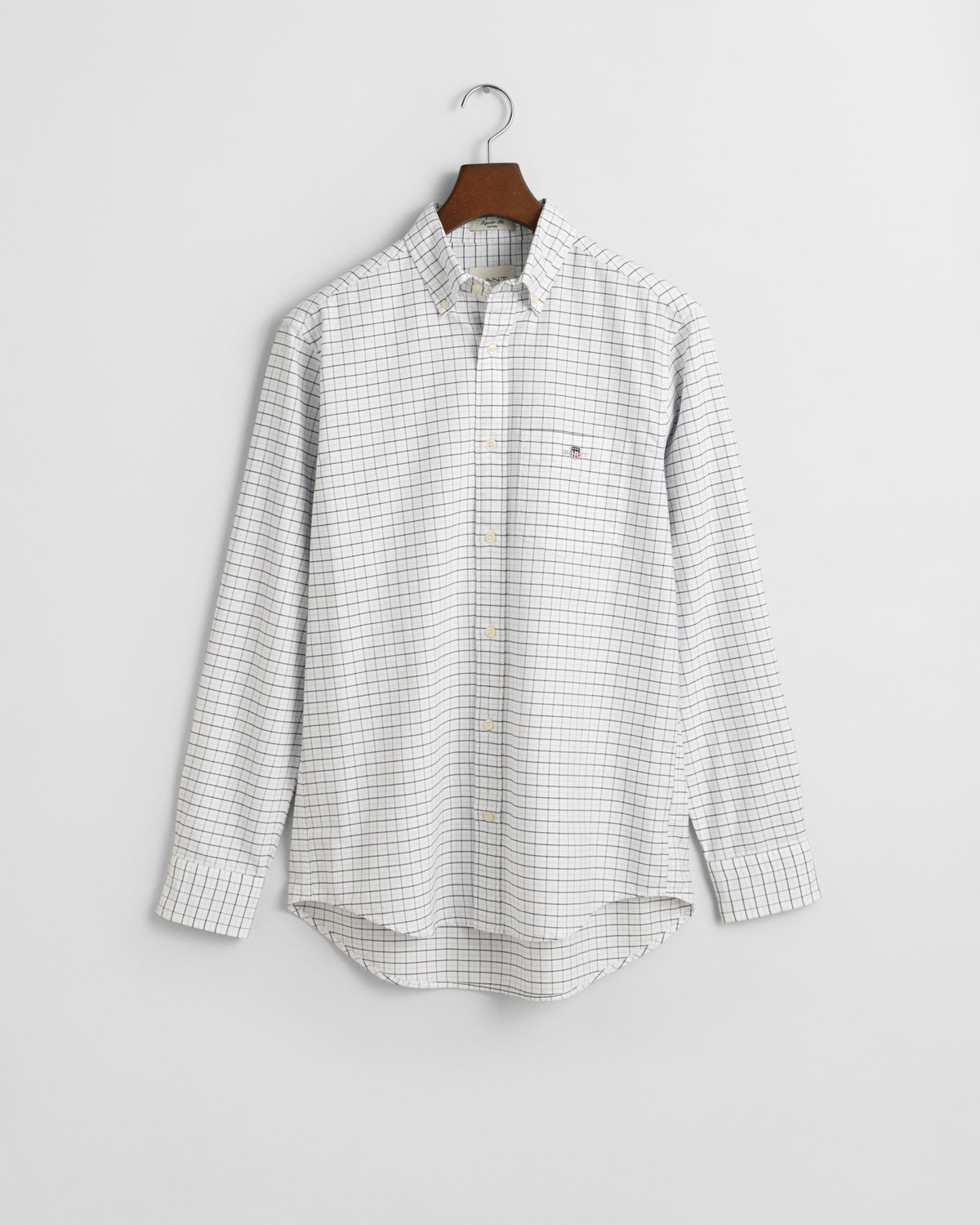 LIGHT BLUE, REG CLASSIC OXFORD CHECK SHIRT, FLAT-LAY BY GANT AU.