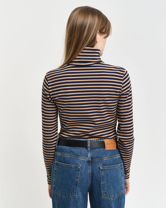 CARAMEL BEIGE, SLIM STRIPED RIBBED TURTLENECK, BACK-VIEW BY GANT AU.