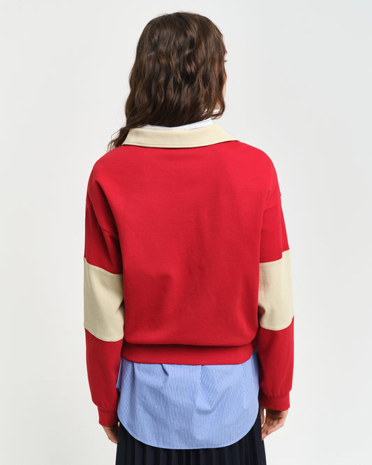 RUBY RED, PIQUE TEXTURE COLOR BLOCK RUGGER, BACK-VIEW BY GANT AU.