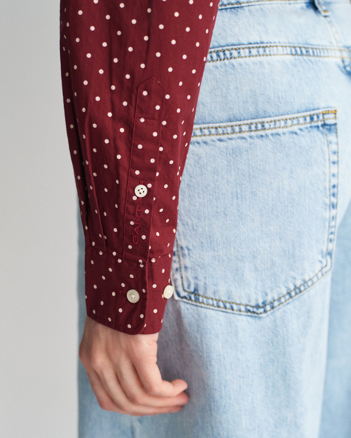 MODEL WEARING REG DOT PRINT CTN VOILE SHIRT