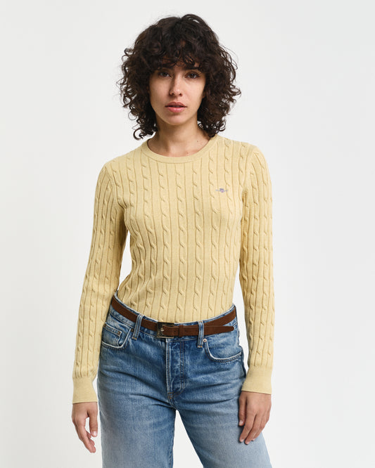 BURNT WHEAT, STRETCH COTTON CABLE C-NECK, FRONT-VIEW BY GANT AU.