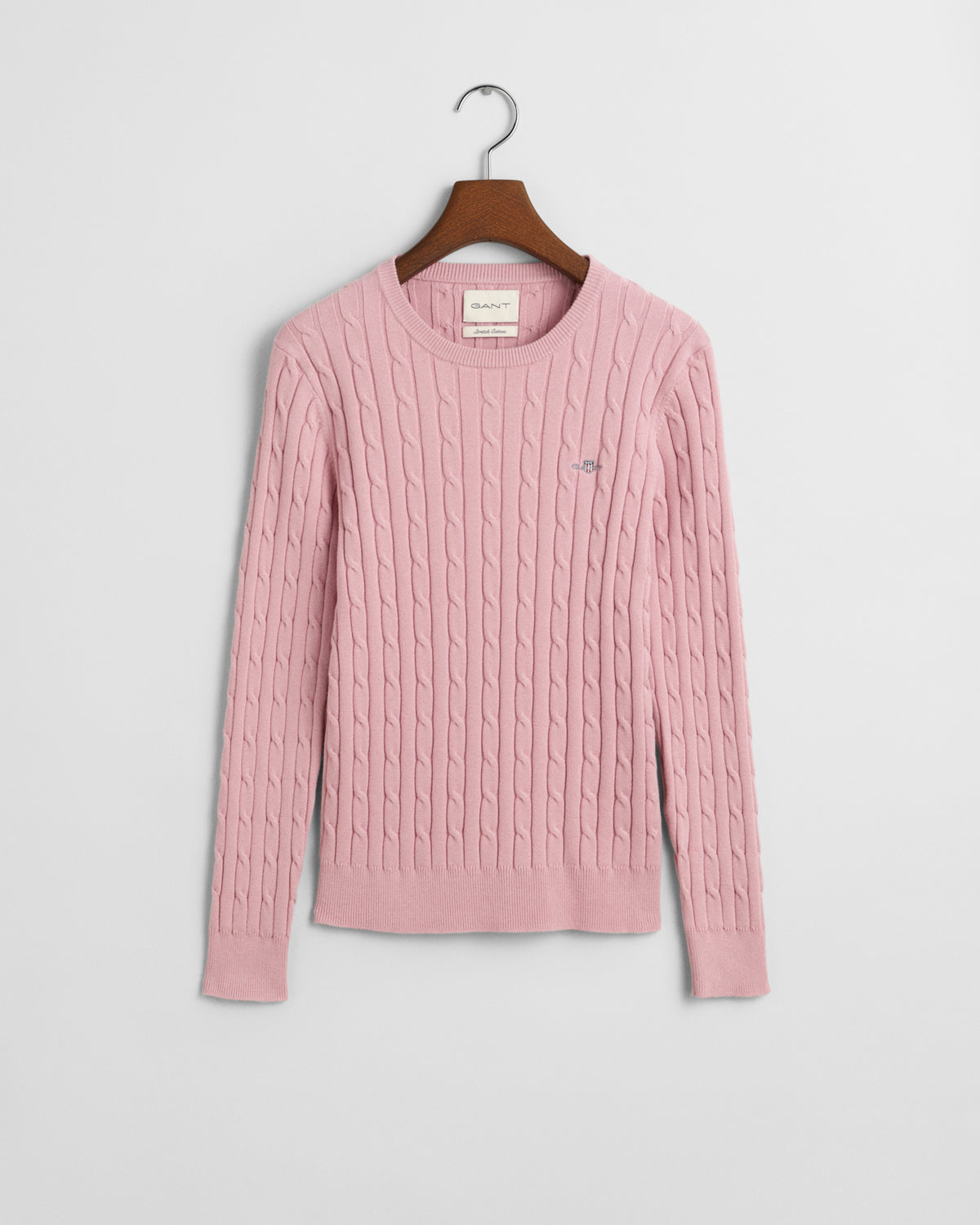 DUSTY PINK, STRETCH COTTON CABLE C-NECK, FLAT-LAY BY GANT AU.