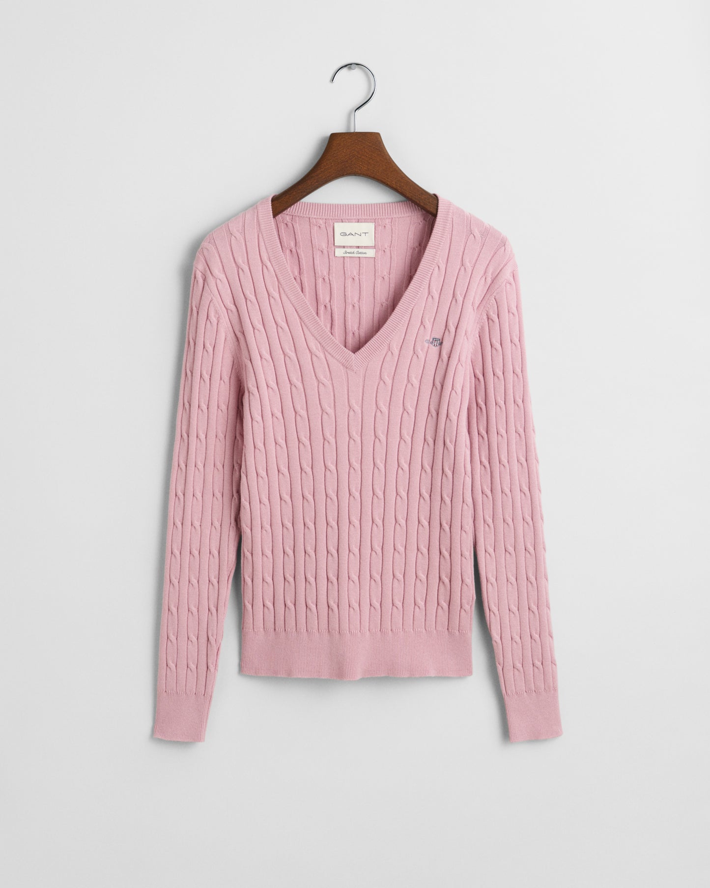 DUSTY PINK, STRETCH COTTON CABLE V-NECK, FLAT-LAY BY GANT AU.