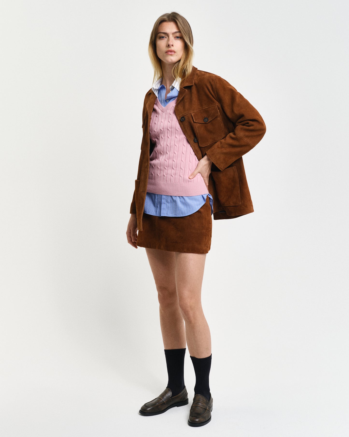 DUSTY PINK, STRETCH COTTON CABLE V-NECK BY GANT AU.