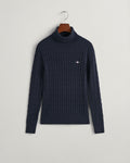 EVENING BLUE, STRETCH COTTON CABLE TURTLENECK, FLAT-LAY BY GANT AU.
