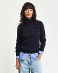 EVENING BLUE, STRETCH COTTON CABLE TURTLENECK, FRONT-VIEW BY GANT AU.