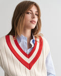 MODEL WEARING CONTRAST V-NECK VEST