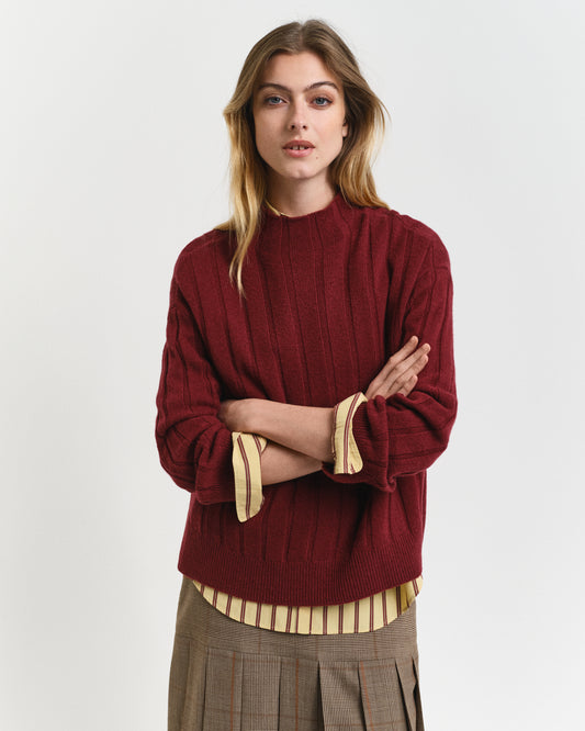 PLUMPED RED, WIDE RIBBED WOOL STAND COLLAR, FRONT-VIEW BY GANT AU.