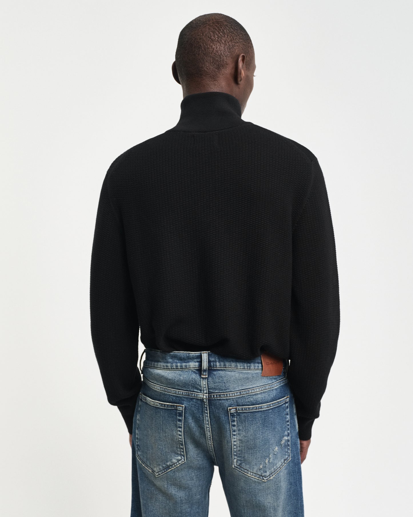 BLACK, COTTON MICRO TEXTURED HALF ZIP, BACK-VIEW BY GANT AU.