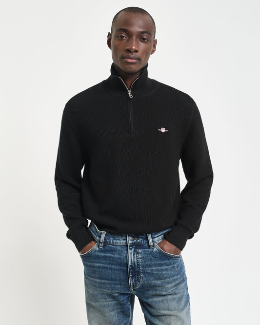 BLACK, COTTON MICRO TEXTURED HALF ZIP, FRONT-VIEW BY GANT AU.
