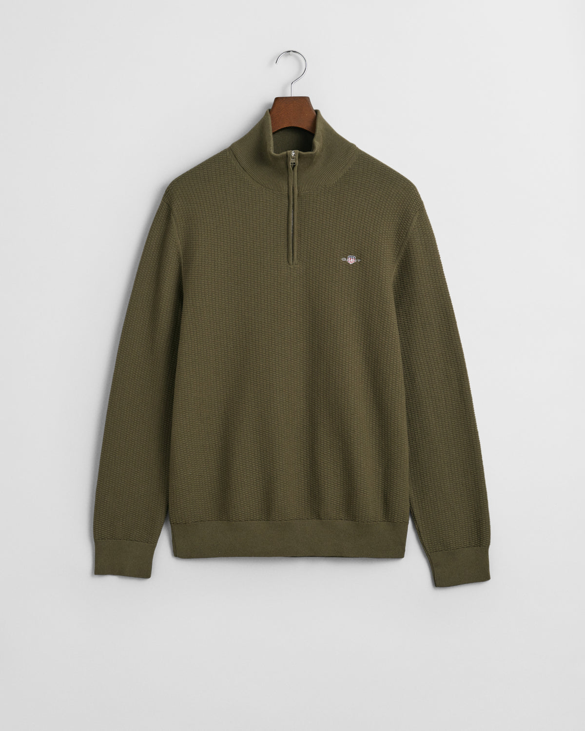 JUNIPER GREEN, COTTON MICRO TEXTURED HALF ZIP, FLAT-LAY BY GANT AU.
