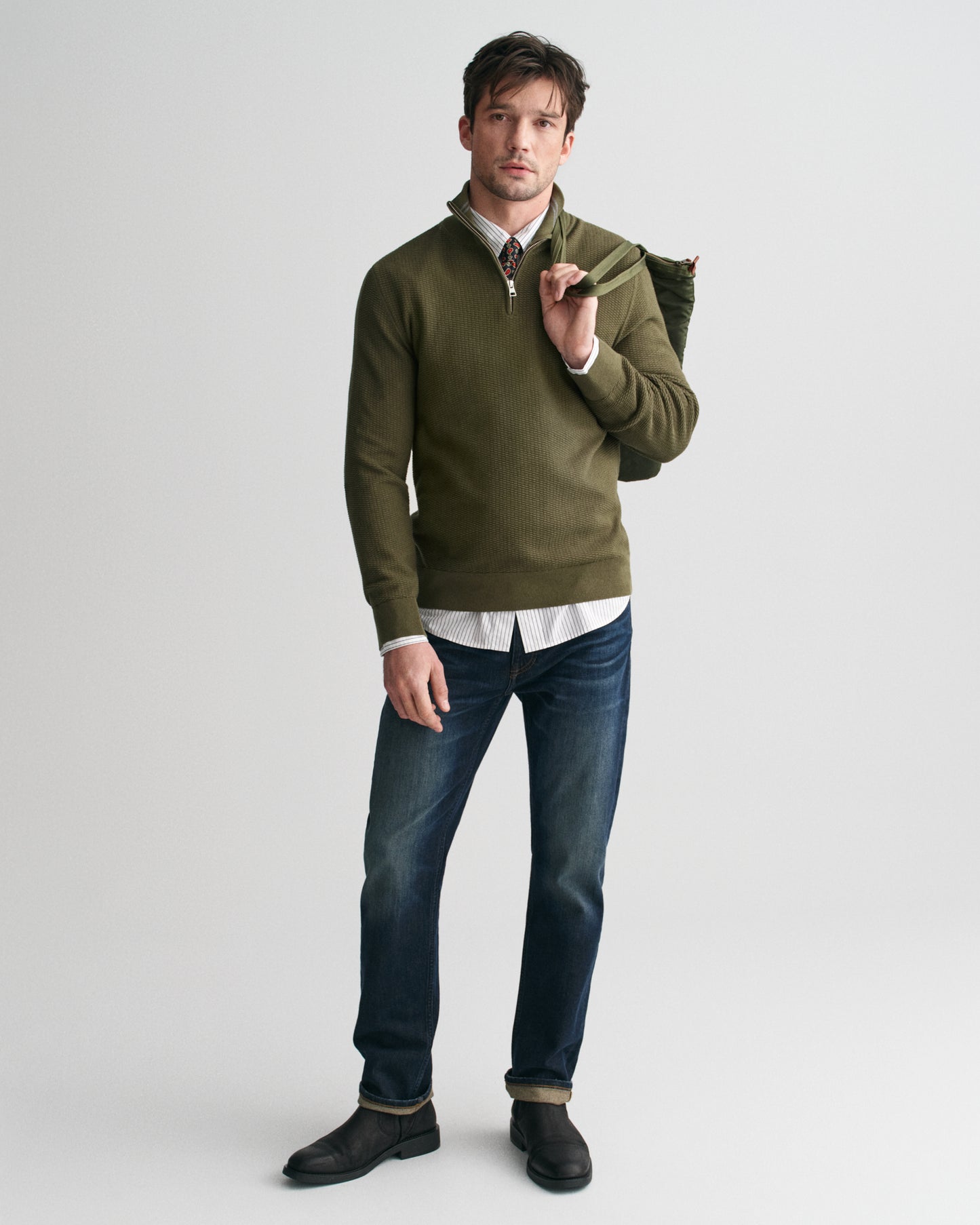 JUNIPER GREEN, COTTON MICRO TEXTURED HALF ZIP BY GANT AU.