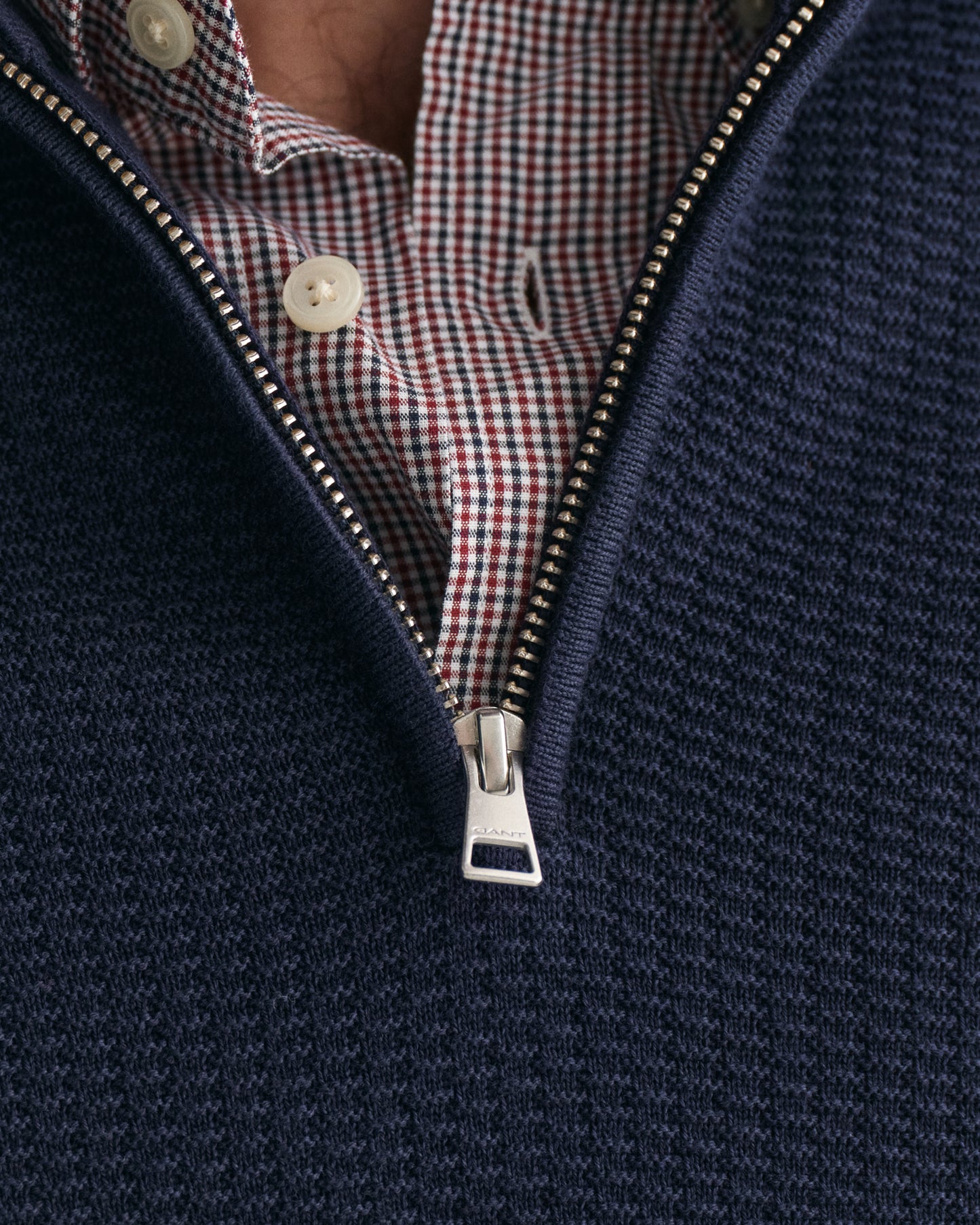 EVENING BLUE, COTTON MICRO TEXTURED HALF ZIP, CLOSE-UP BY GANT AU.