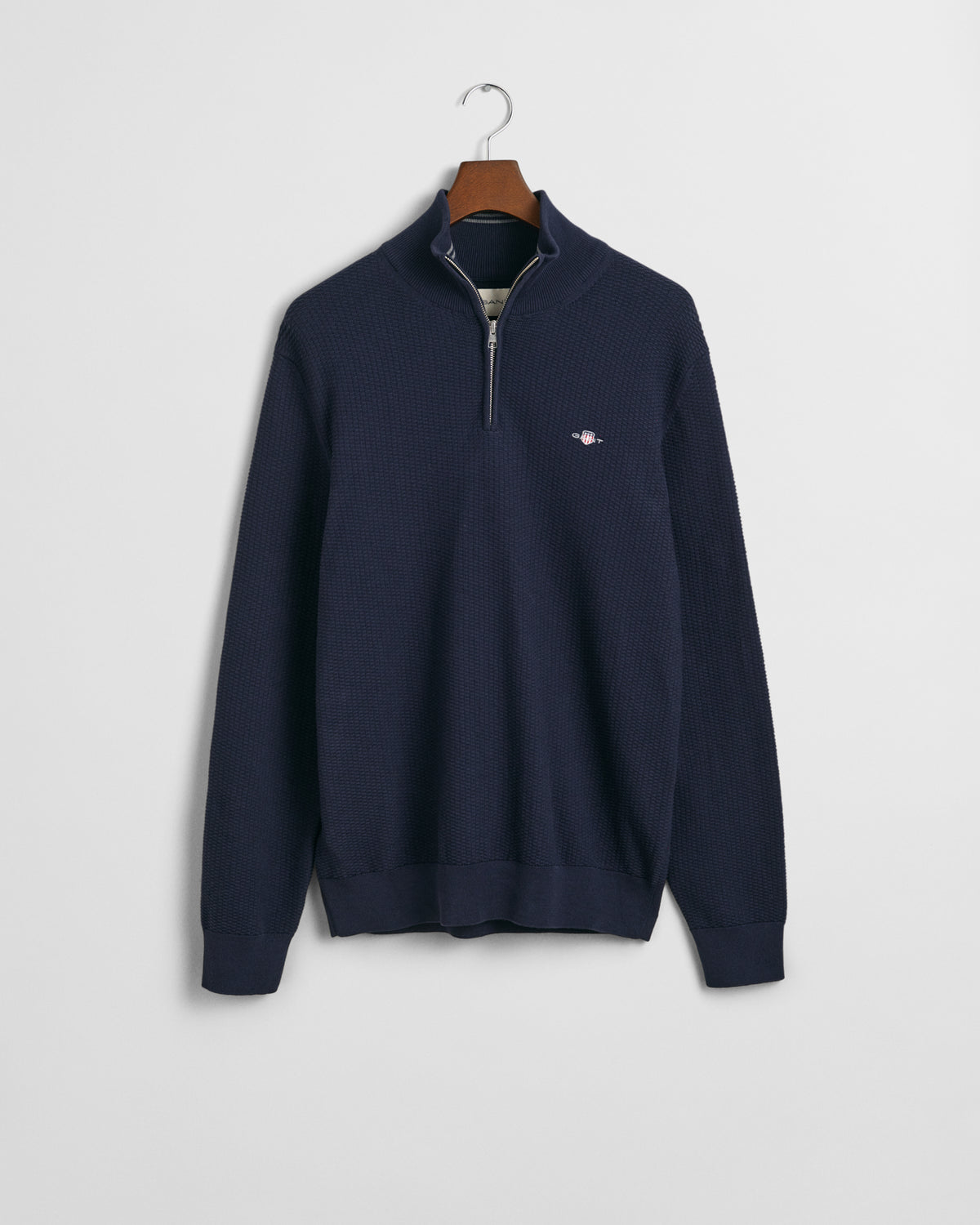 EVENING BLUE, COTTON MICRO TEXTURED HALF ZIP, FLAT-LAY BY GANT AU.