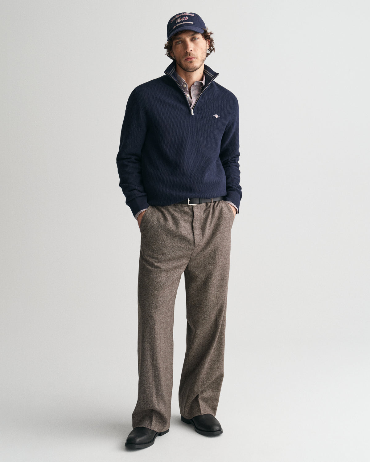 EVENING BLUE, COTTON MICRO TEXTURED HALF ZIP BY GANT AU.