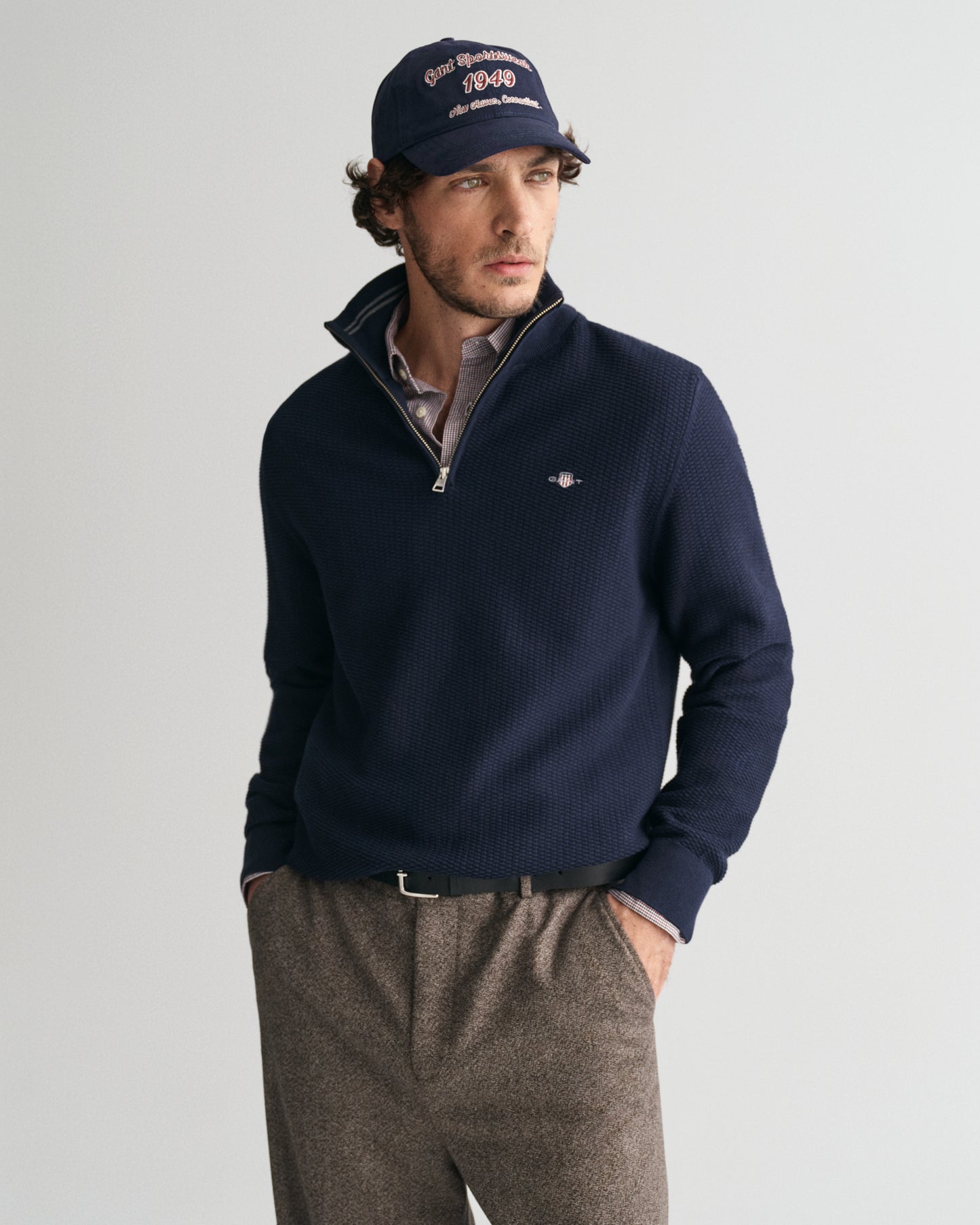 EVENING BLUE, COTTON MICRO TEXTURED HALF ZIP, FRONT-VIEW BY GANT AU.