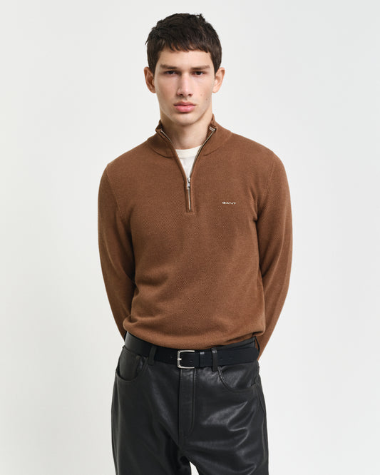 HAZELNUT MELANGE, COTTON PIQUE HALF ZIP, FRONT-VIEW BY GANT AU.