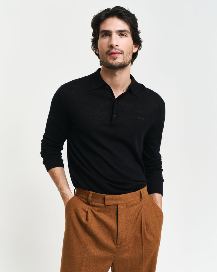 BLACK, EXTRAFINE MERINO WOOL POLO, FRONT-VIEW BY GANT AU.