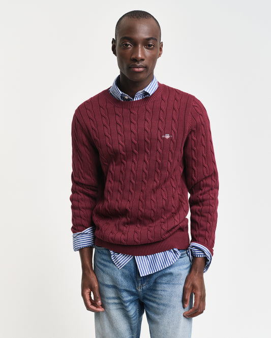 WINE RED, COTTON CABLE C-NECK, FRONT-VIEW BY GANT AU.