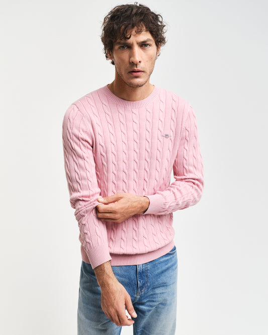 DUSTY PINK, COTTON CABLE C-NECK, FRONT-VIEW BY GANT AU.