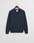 DARK NAVY MELANGE, SUPERFINE LAMBSWOOL V-NECK, FLAT-LAY BY GANT AU.