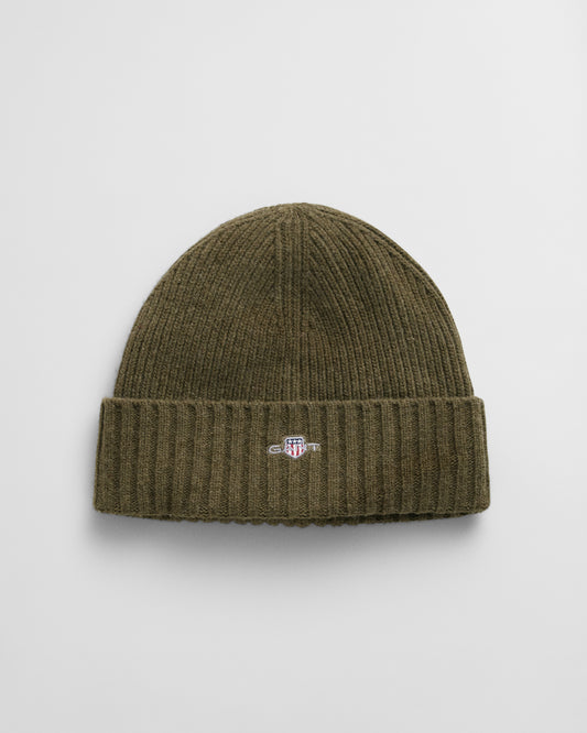 JUNIPER GREEN, UNISEX. SHIELD WOOL BEANIE, FRONT-VIEW BY GANT AU.