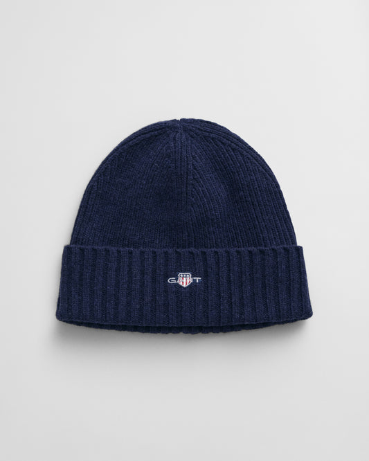 MARINE, UNISEX. SHIELD WOOL BEANIE, FRONT-VIEW BY GANT AU.