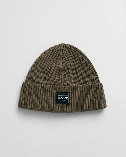 JUNIPER GREEN, COTTON RIBBED BEANIE, FRONT-VIEW BY GANT AU.
